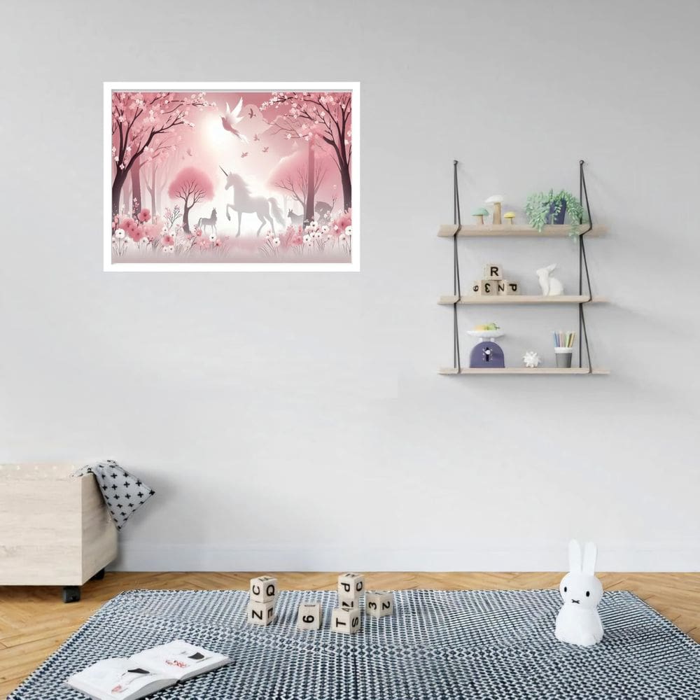Quadro Decorativo Unicórnio Floresta Rosa - 50X70Cm