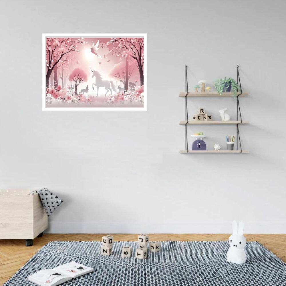 Quadro Decorativo Unicórnio Floresta Rosa - 50X70Cm