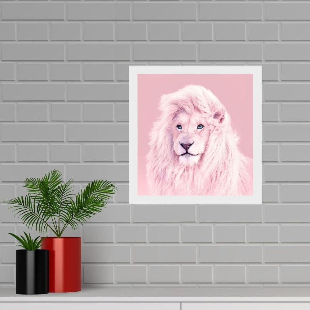 Quadro Quadrado Leão Rosa - 33X33Cm - Com Vidro