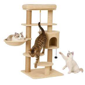 Arranhador Torre De Gato De Luxo Bege Com Casa Camas Cesto