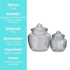 Conjunto 2 Potes Baleiro Vidro Canelado Tampa Hermética
