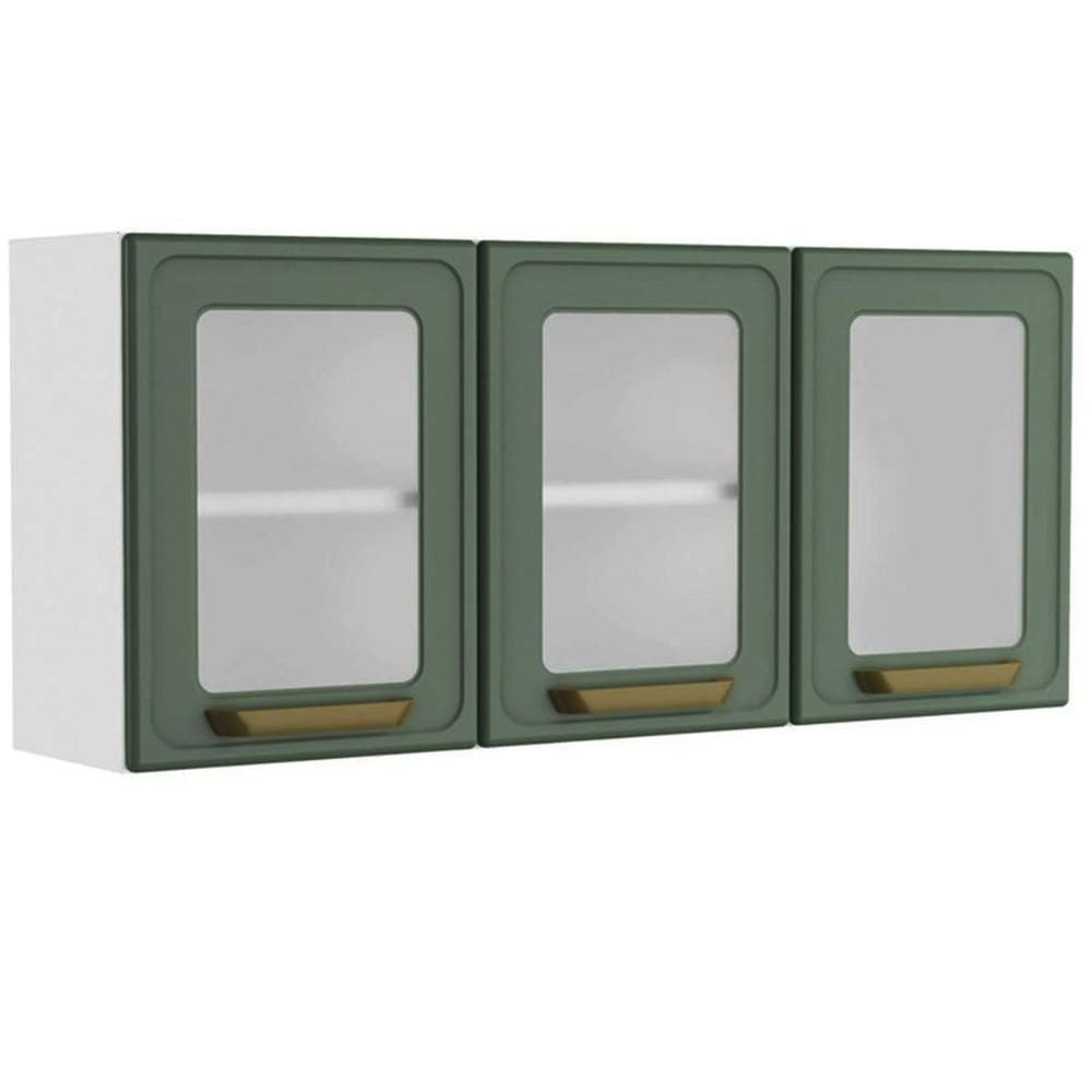 Armário Aéreo p/ Cozinha Bella c/ 3 Portas c/ Vidro 120cm Verde - Bertolini