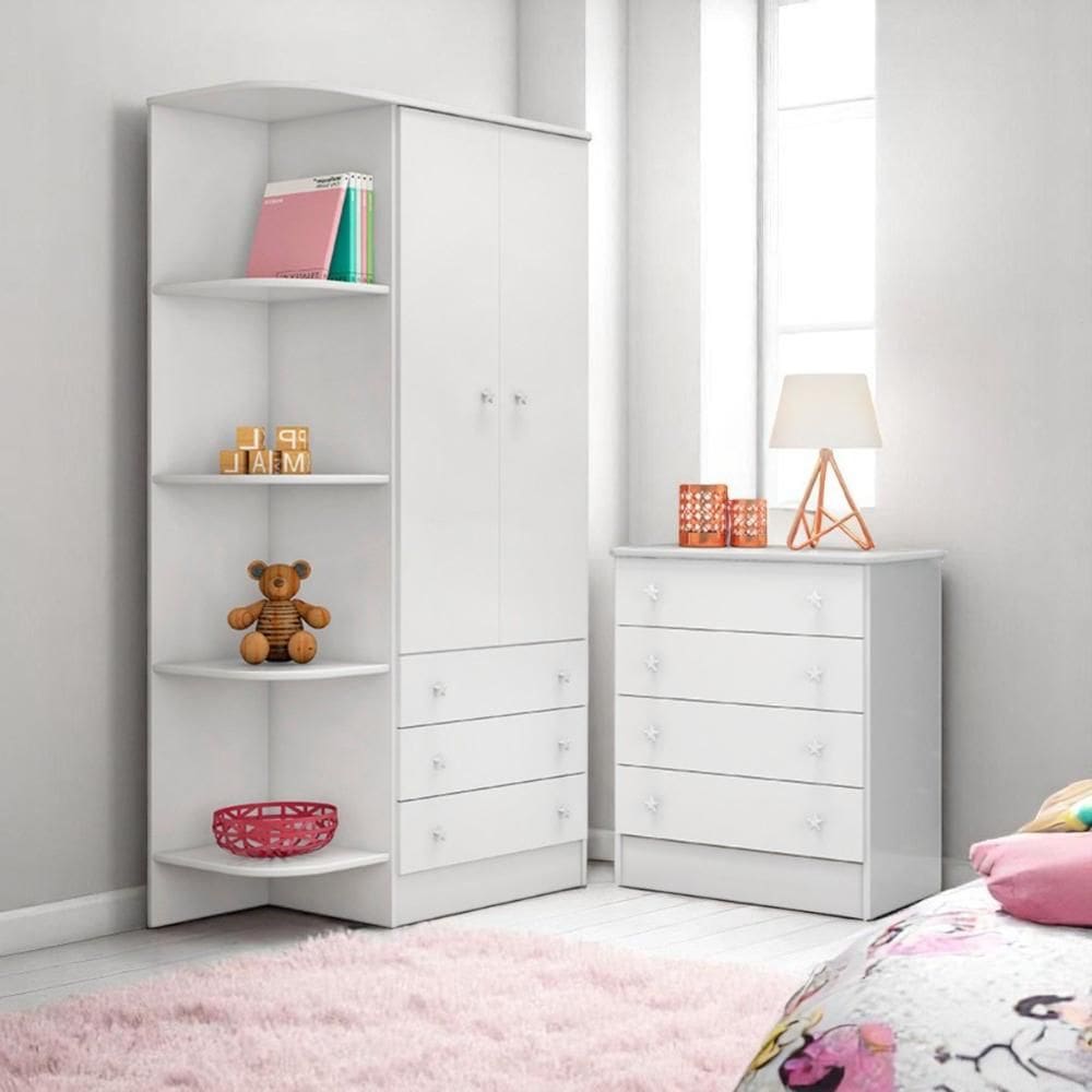 2523 - Comoda Com Trocador Doce Sonho Branco/Branco (2523.5) + 825 - G. Roupa Inf. 2Pts Doce Sonho Branco/Branco (825.5)