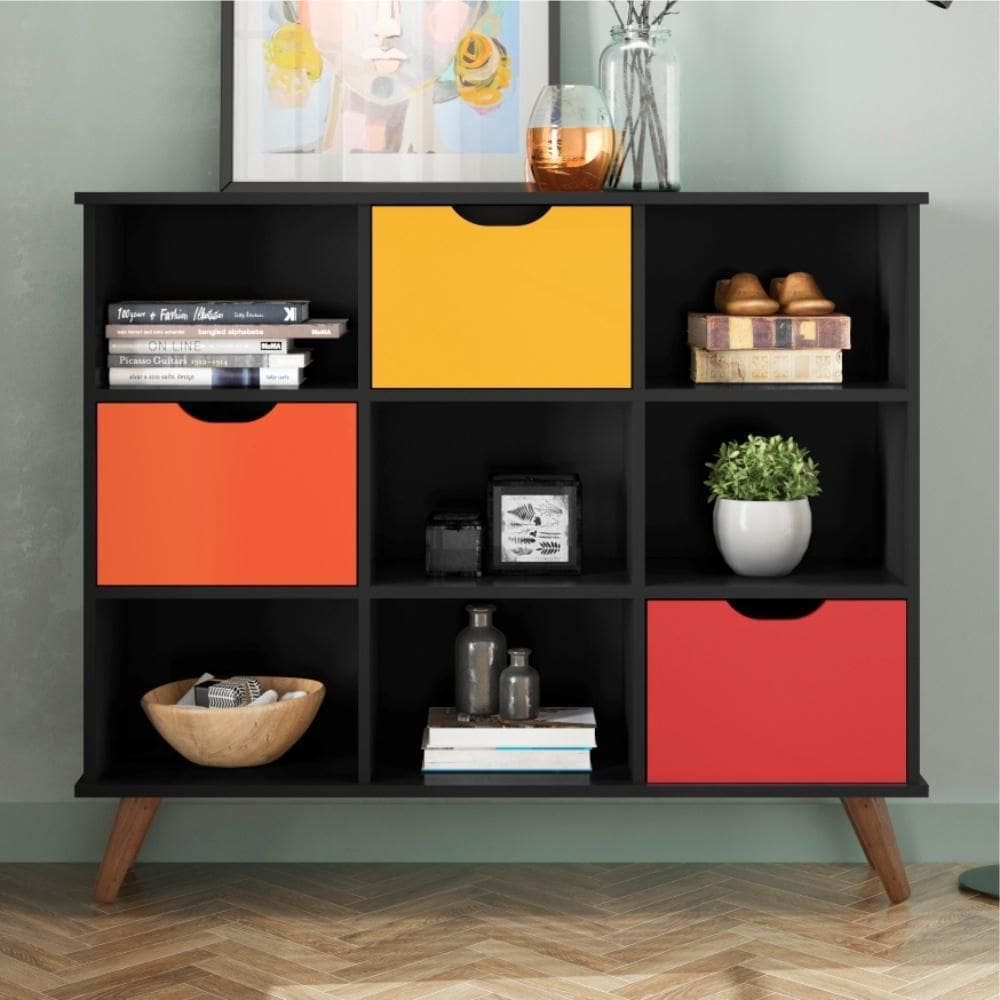 Nicho Organizador Preto Retrô (1478.70) + Kit 3 Gavetas Coloridas (1479.46)