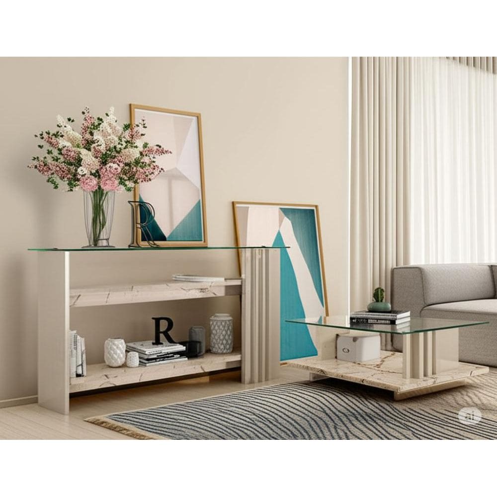 Conjunto com Aparador e Mesa de Centro Nora Calacata Off-White