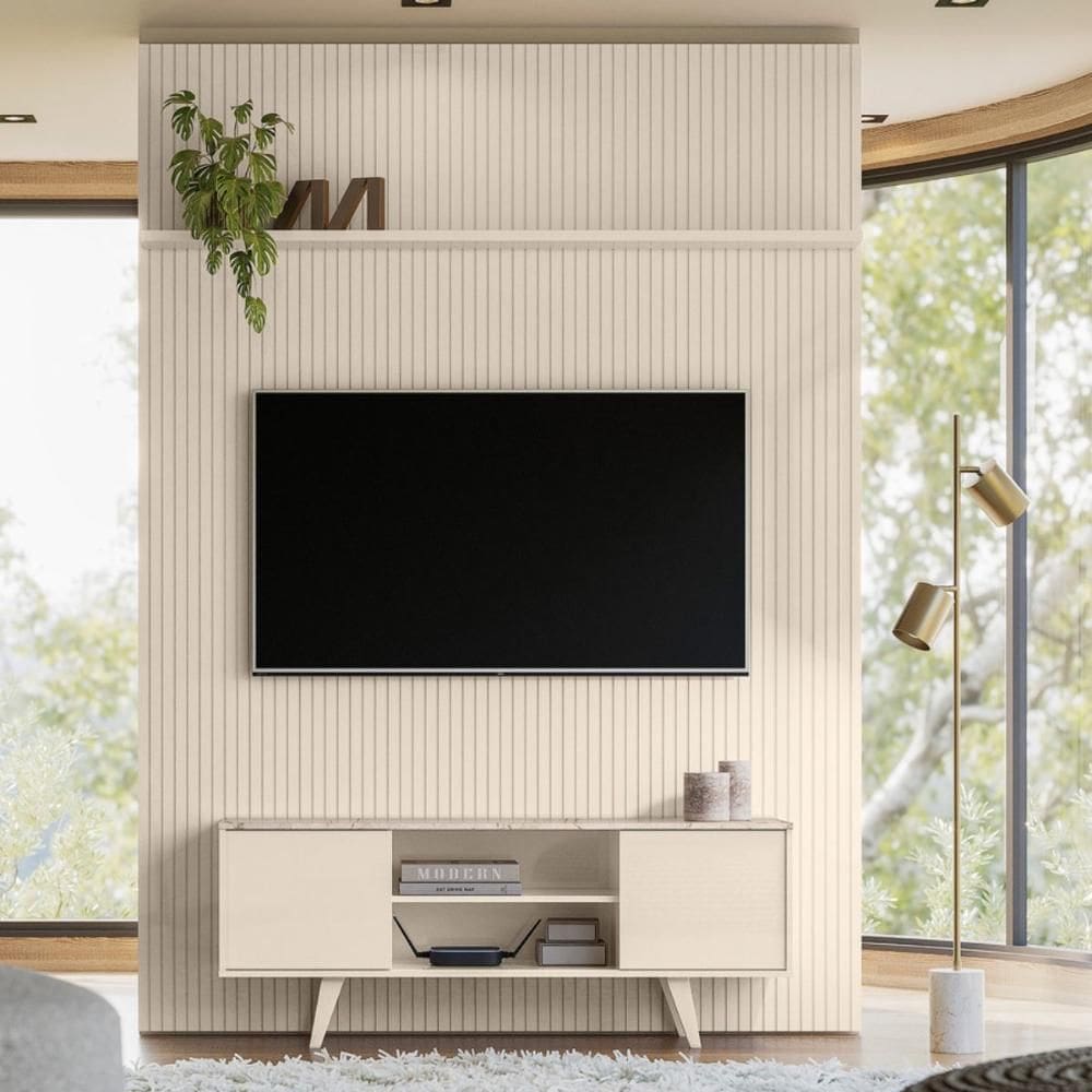 Conjunto New Horizonte painel com prateleira aparador Rack Calacata/Off-White