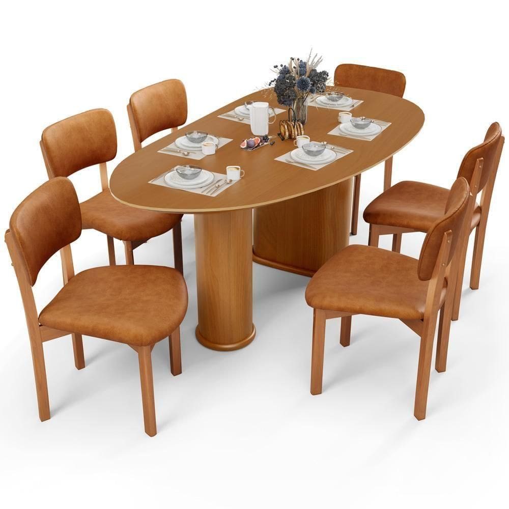 Mesa Para Sala De Jantar Ourense Com 06 Cadeiras Sala De Jantar Dara L02 Couríssimo Canela - Lyam Decor