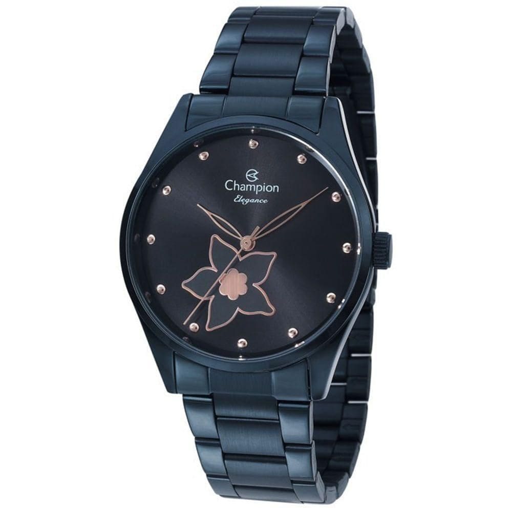 Relógio Champion Feminino Flor Azul Preto Cn24333d