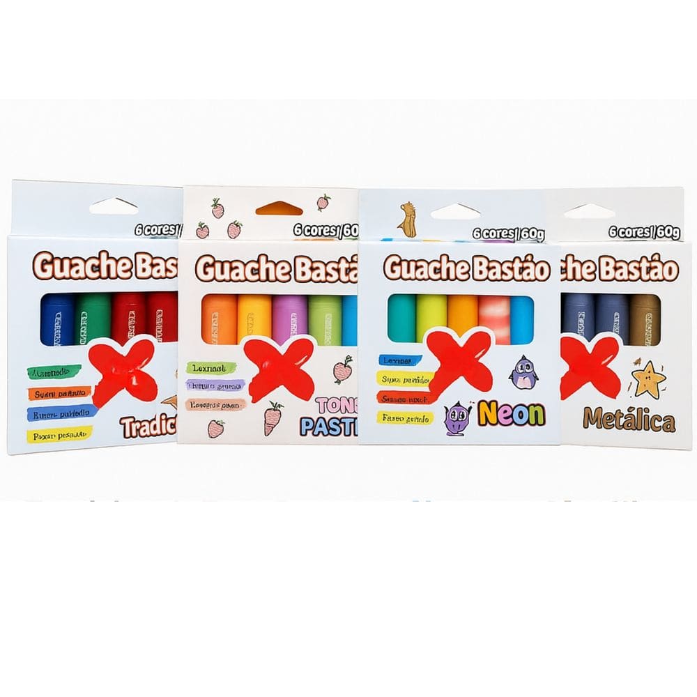 Tinta Guache Bastão Neon 6 Cores Atóxico Escolar Kit Lavável