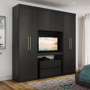 Guarda Roupa Casal 6 Portas 2 Gavetas Porto Preto com Painel de TV