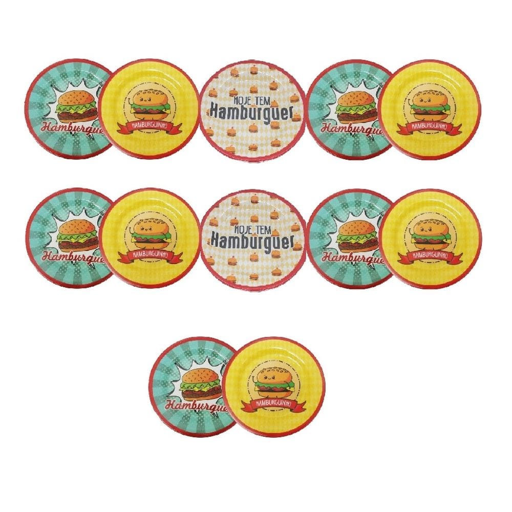 Conjunto 12 Pratos Raso Em Melamina Temático Hamburguer 20cm