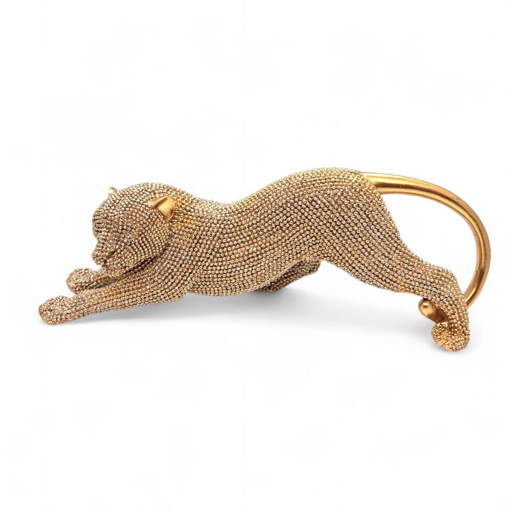 Estátua Leopardo Dourado Esticado Brilhante Detalhado 23 cm