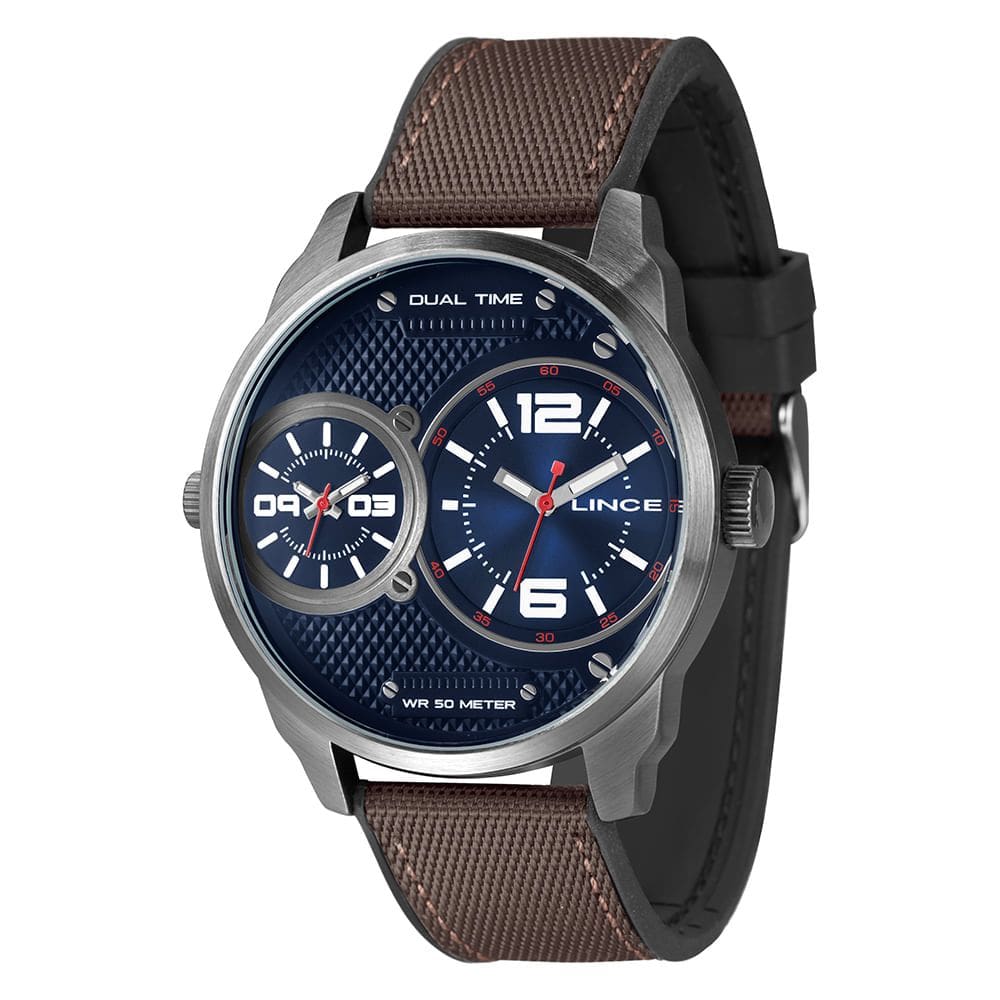 Relógio LINCE masculino dual time azul marrom MRYH214L50 D2NX