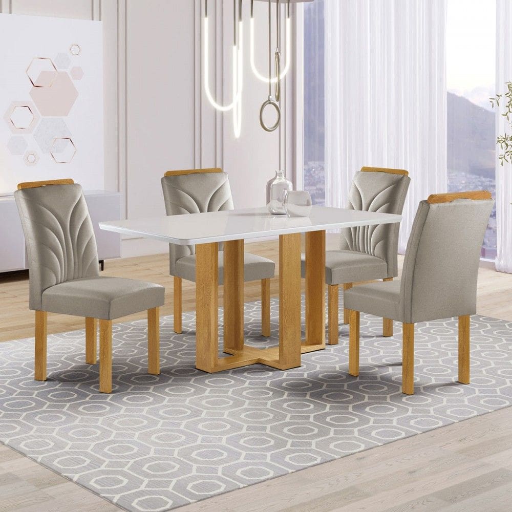 Mesa de Jantar 4 Lugares Isadora com Vidro Cinamomo/Off White/Bege Claro - Cel Móveis