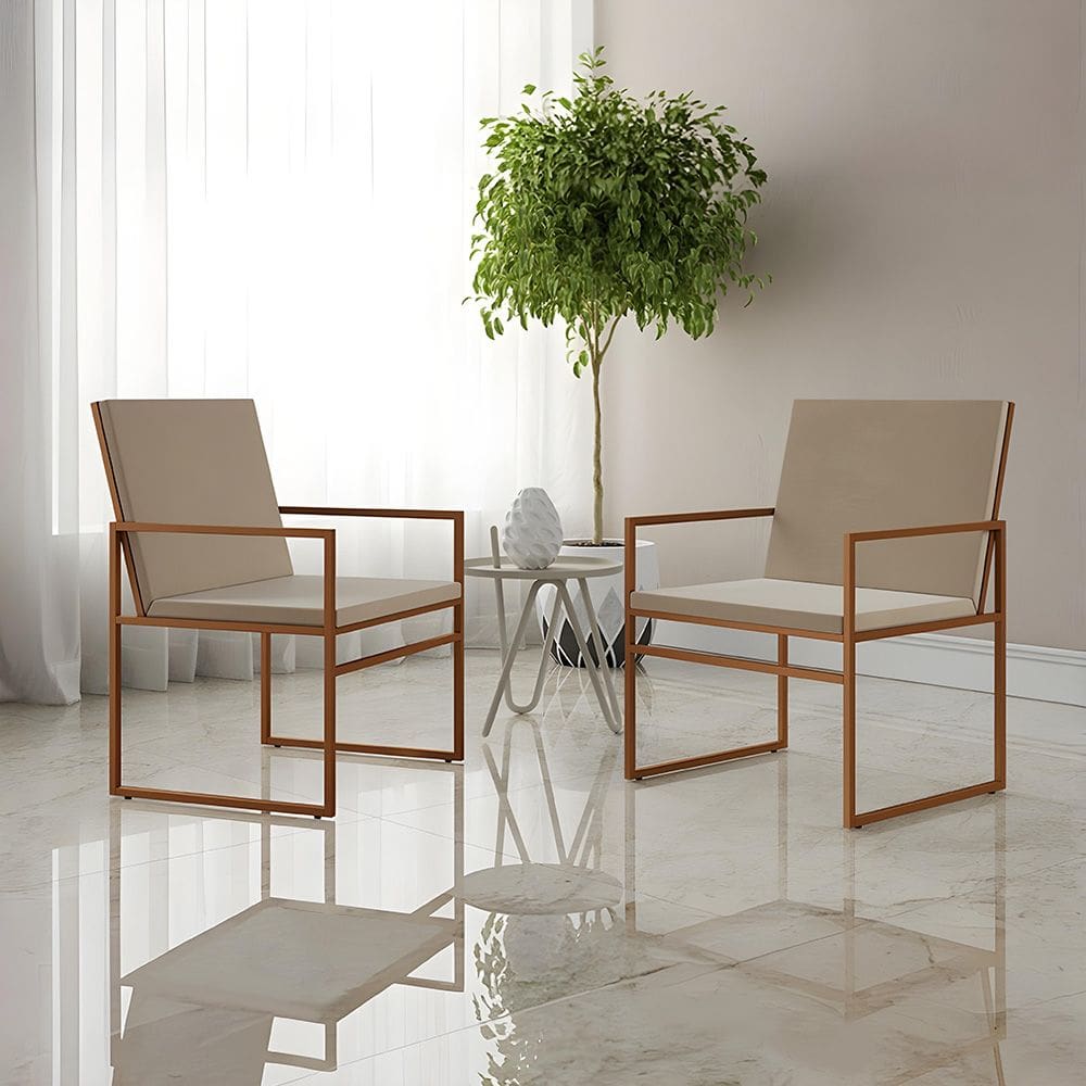 Kit 2 Poltronas Industriais Estofadas Isa Veludo Bege Base Cobre