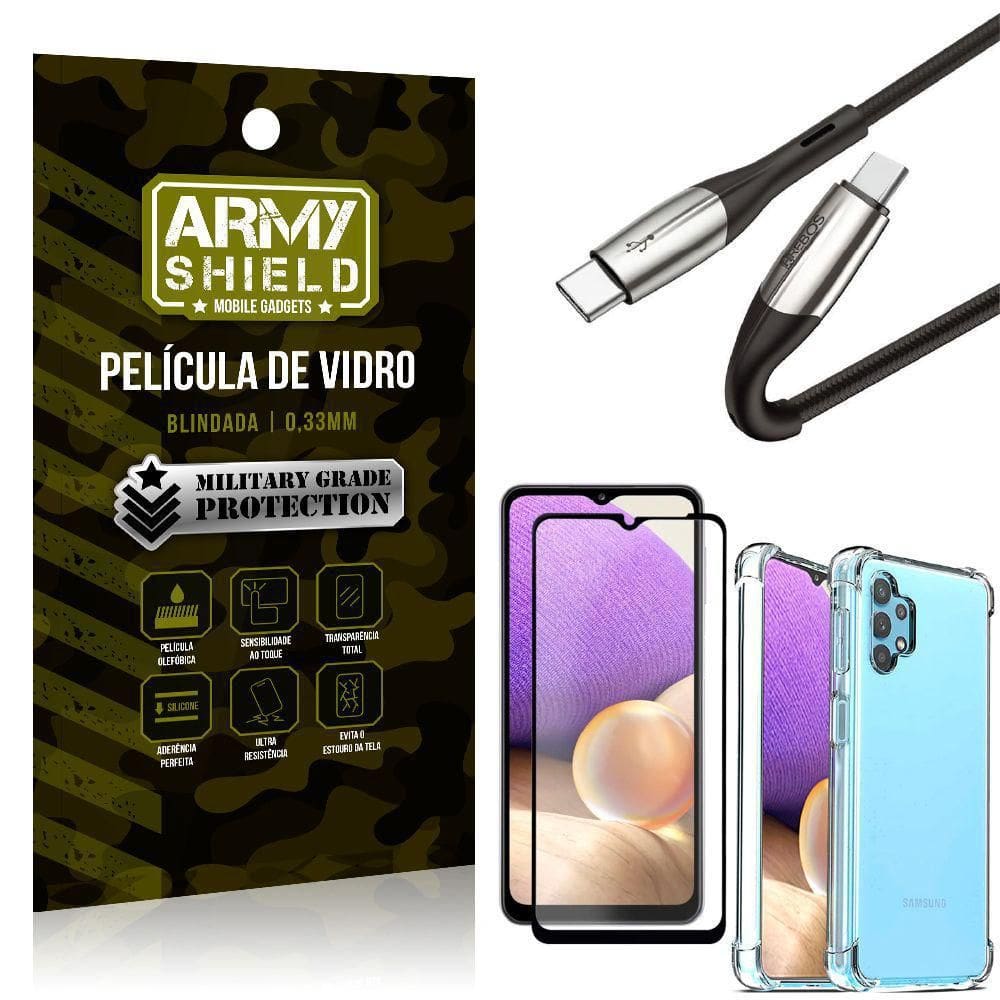 Kit Cabo 2 Pontas Tipo C Samsung A32 5G+Capa+Película 3D