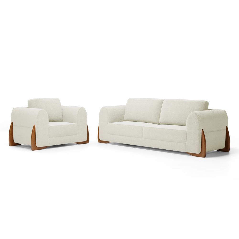 Kit Poltrona e Sofá Bloom 180cm 02 Lugares com Pés de Madeira Bouclê Off White - Abmaza