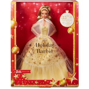 Boneca Barbie Signature 2023 Holiday com vestido dourado, 35º aniversário.