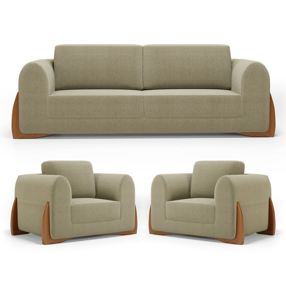 Kit 02 Poltronas e 01 Sofá Bloom 180cm 02 Lugares com Pés de Madeira Bouclê Bege - Abmaza