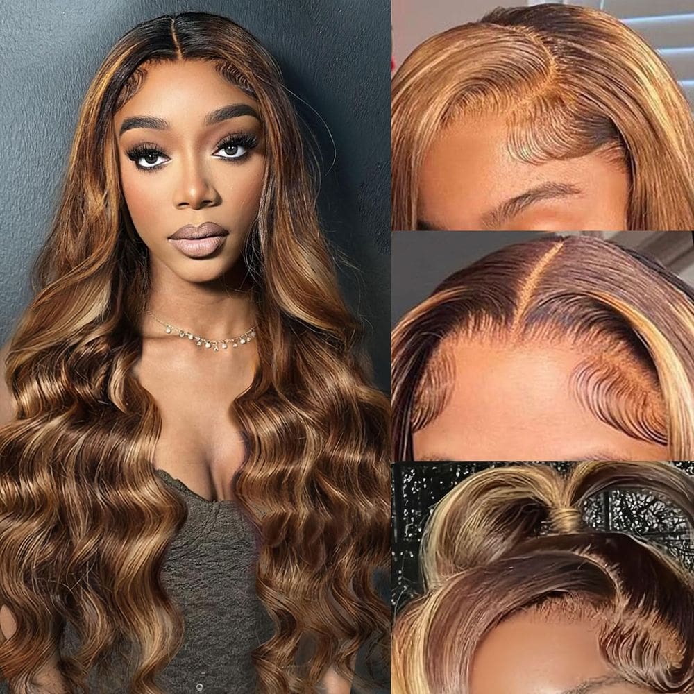 Peruca frontal de renda Ruaswey Ombre Highlight Human Hair 200 Density