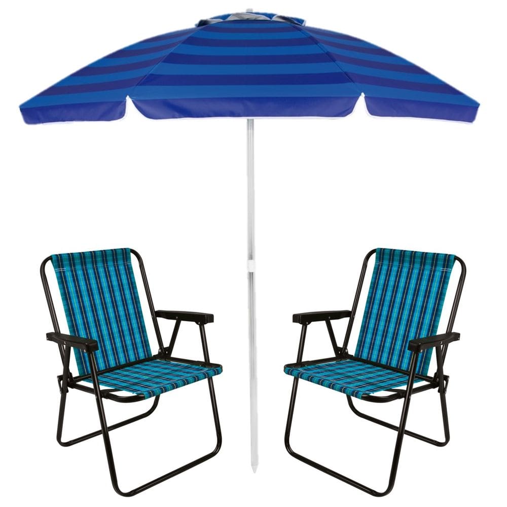 Kit 2 Cadeiras Xadrez Aço Marine + Guarda Sol Alumínio Articulado 2 Metros Azul Mor