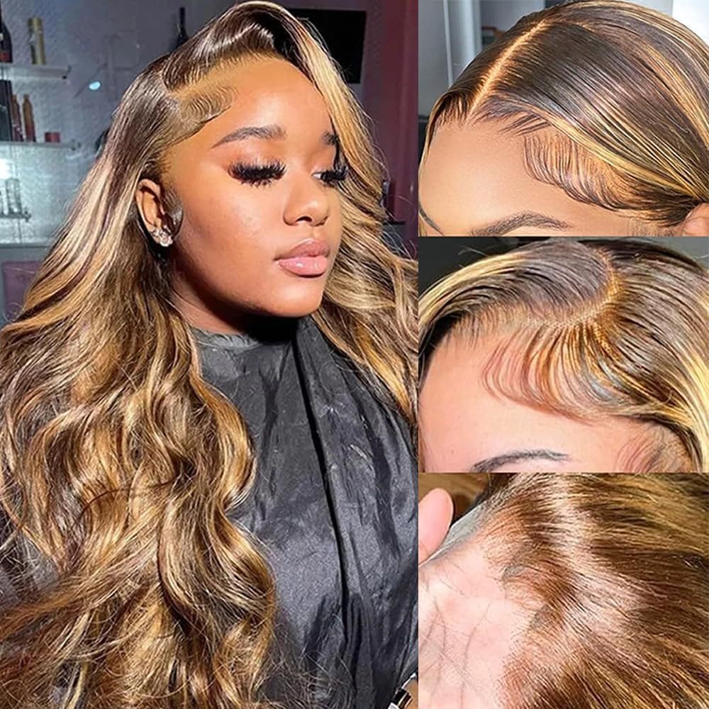 Peruca frontal de renda amzhair Highlight Body Wave 13x4 HD 4/27 Ombre