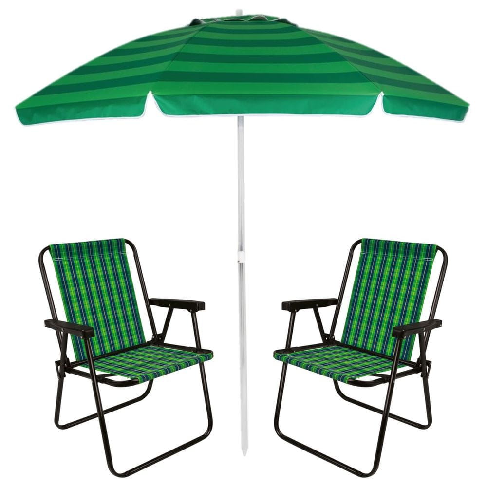 Kit 2 Cadeiras Xadrez Aço Oliva + Guarda Sol Alumínio Articulado 2 Metros Verde Mor