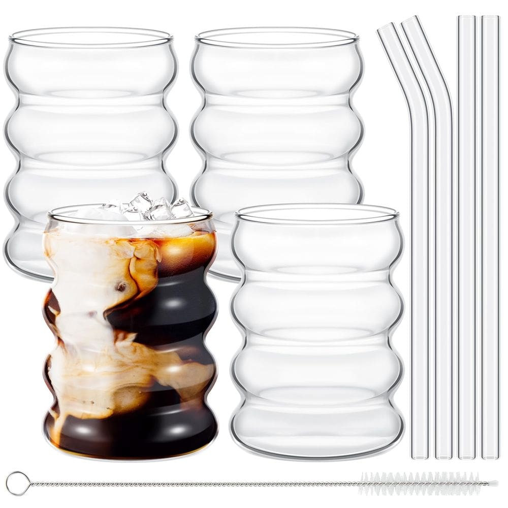 Conjunto de copos de vidro Tessco Vintage Drinking 400 ml com canudos, 4 unidades