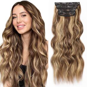 Clipe de extensão de cabelo ALXNAN em marrom chocolate longo e ondulado de 50 cm