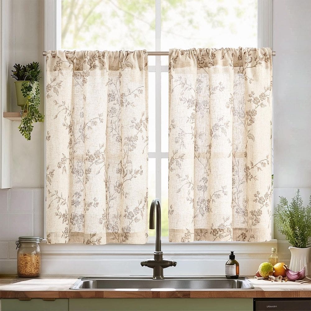 Cortinas jinchan Floral Kitchen 36 cm Linen Tier Taupe 2 painéis