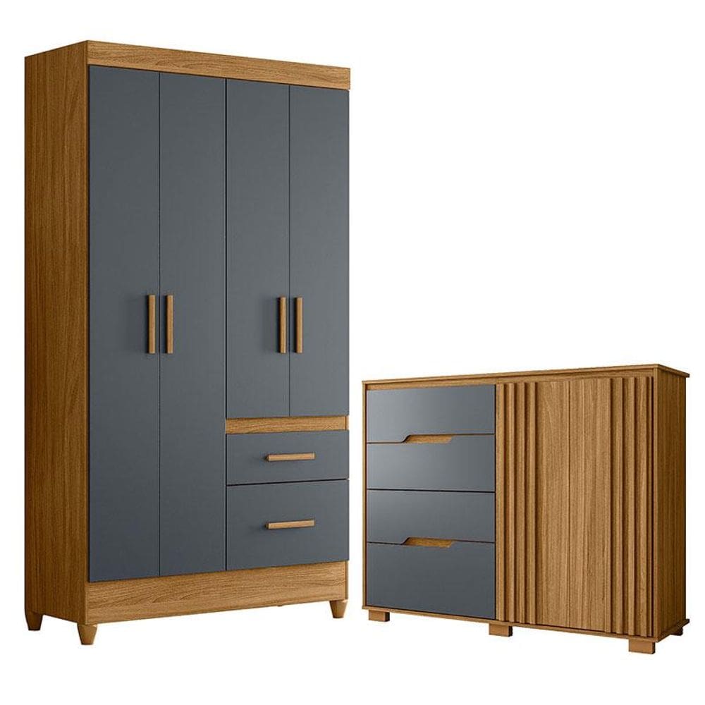 Guarda Roupa Solteiro Madri e Cômoda Texas Freijó Cinza - Moval