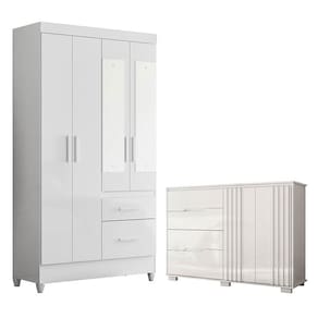 Guarda Roupa Solteiro Madri com espelho e Cômoda Texas Branco Brilho - Moval