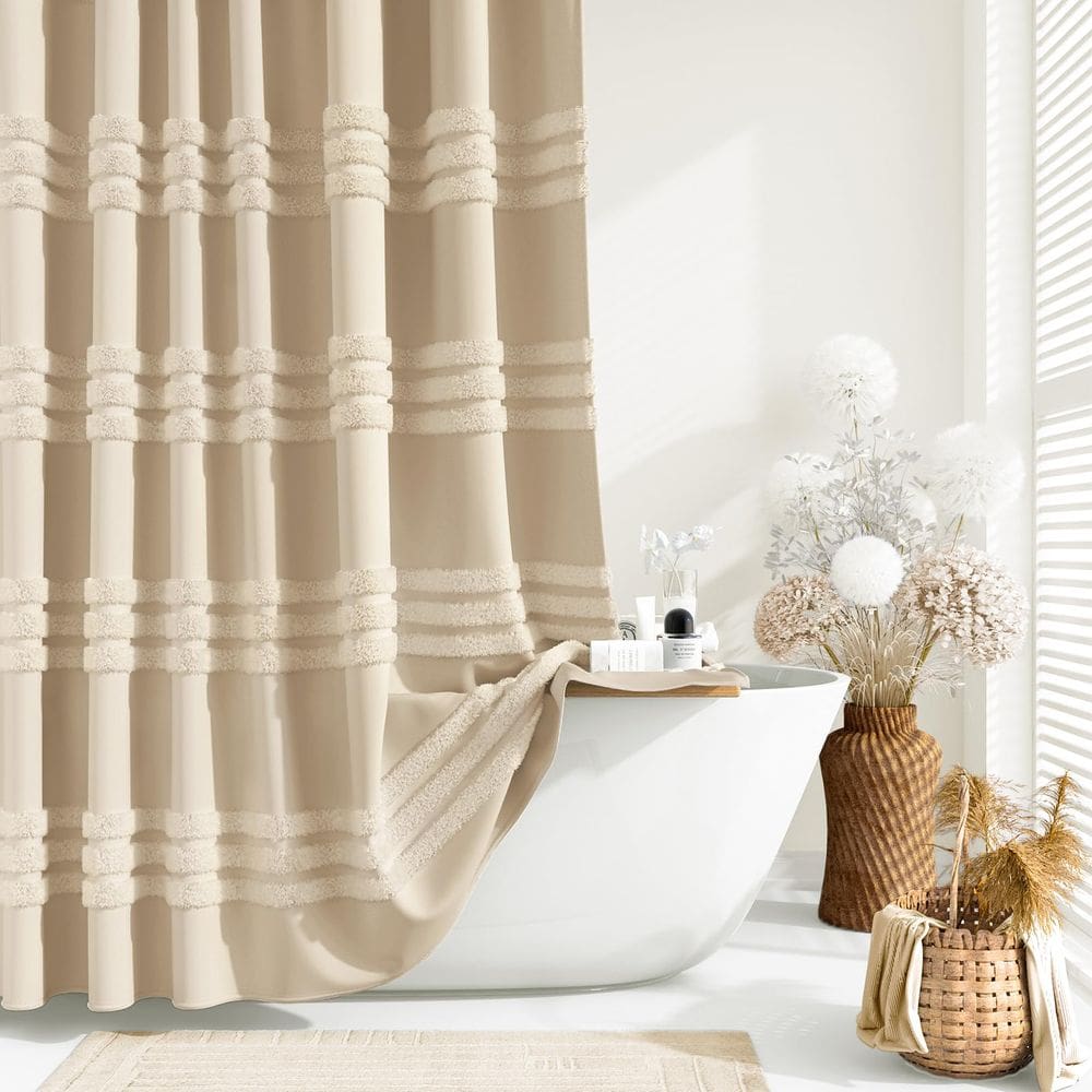 Cortina de chuveiro Dynamene de tecido longo 180x200cm bege com ganchos