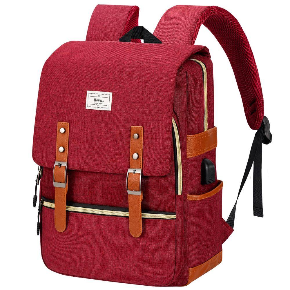 Mochila Ronyes Vintage Laptop 15,6" com porta de carregamento USB vermelha
