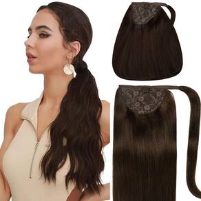 Extensões de rabo de cavalo Caliee Human Hair 45 cm 80 g marrom escuro