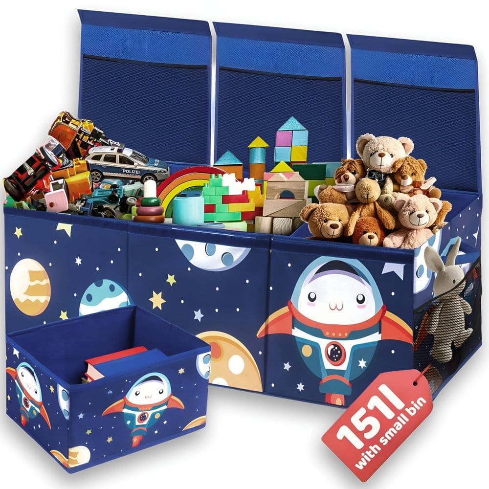 Baú de brinquedos Castal Blue 151L com tampa e bolsos de malha para crianças pequenas
