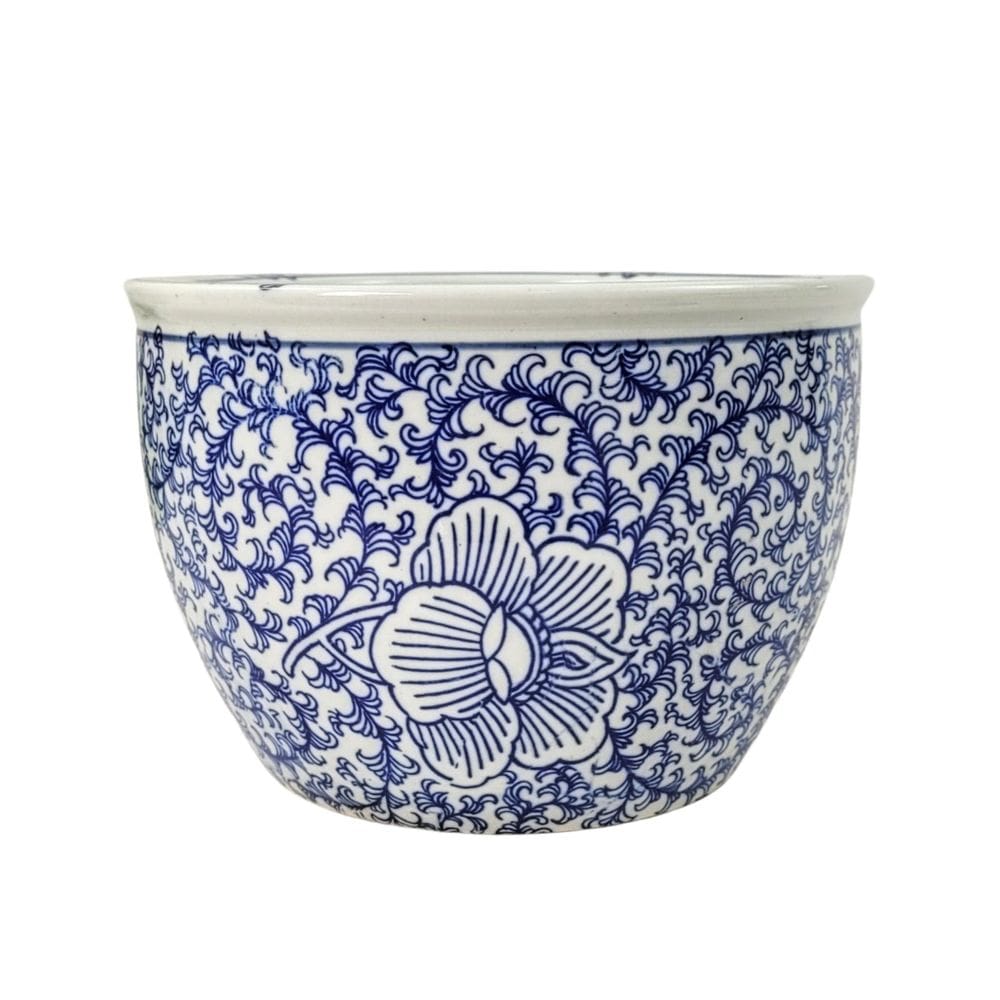 Vaso Cachepot Porcelana Azul E Branco Floral Arabesco 22Cm