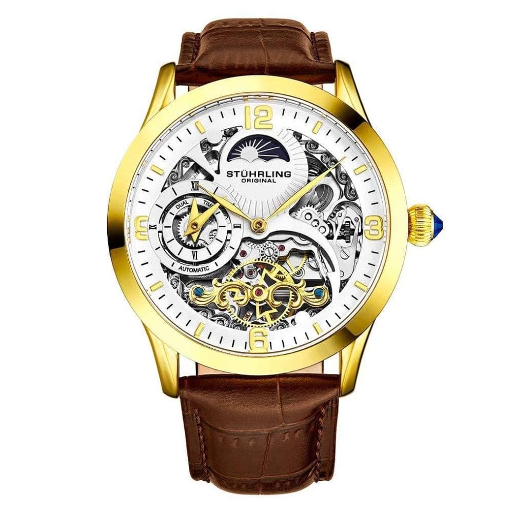 Relgio Automtico Reserva Especial 3921, Mostrador Branco, Pulseira de Couro Marrom e Fivela Tang Dourada - Stuhrling