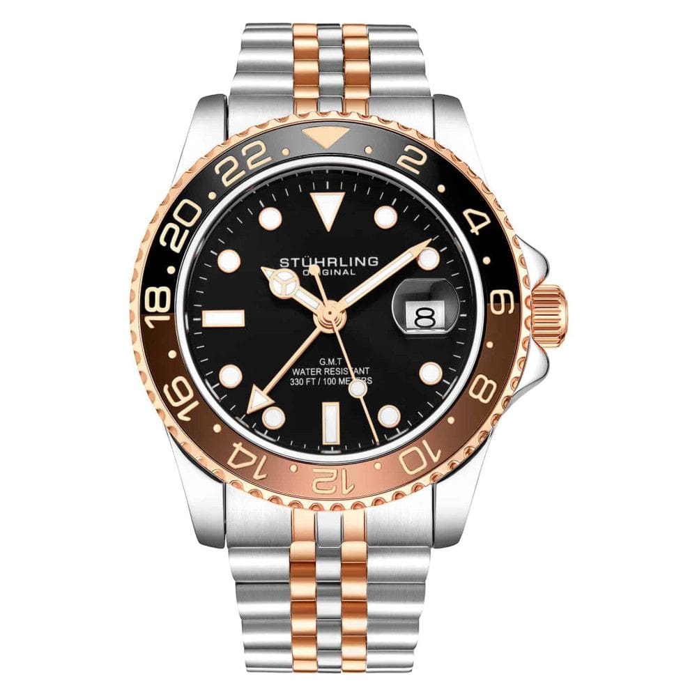 Relgio Stuhrling Meridian 3968 GMT 42mm, Mostrador Preto e Pulseira de Ao Inoxidvel Rosa