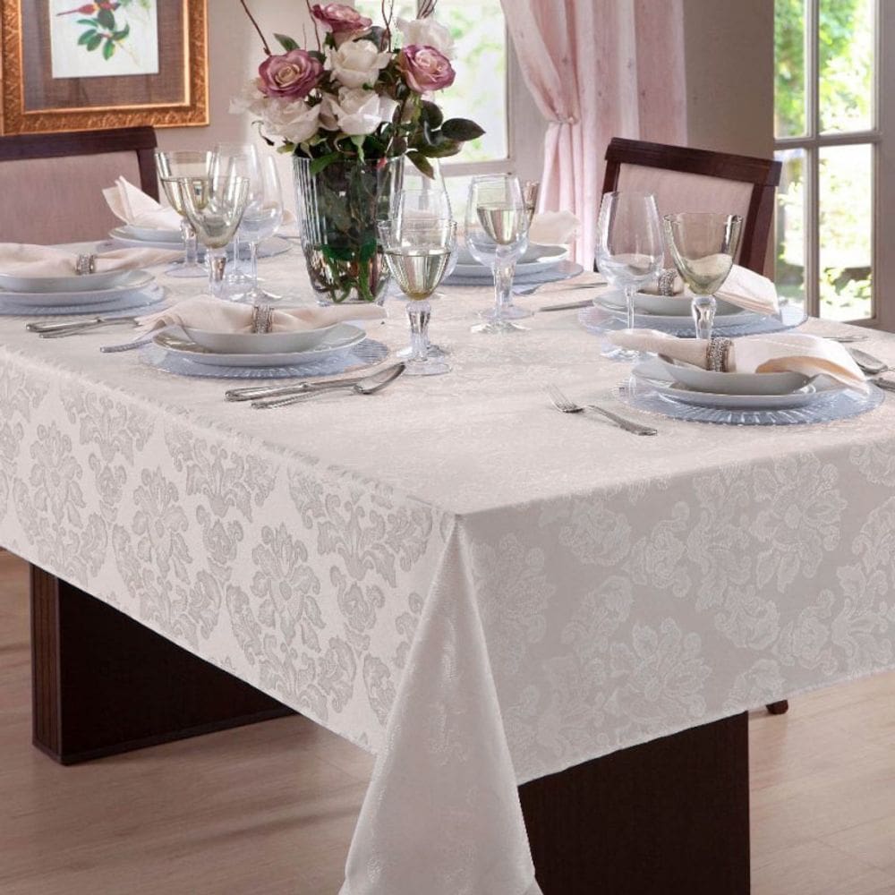 Toalha Mesa Sala Jantar Retangular Jacquard Pérola 8 Lugares
