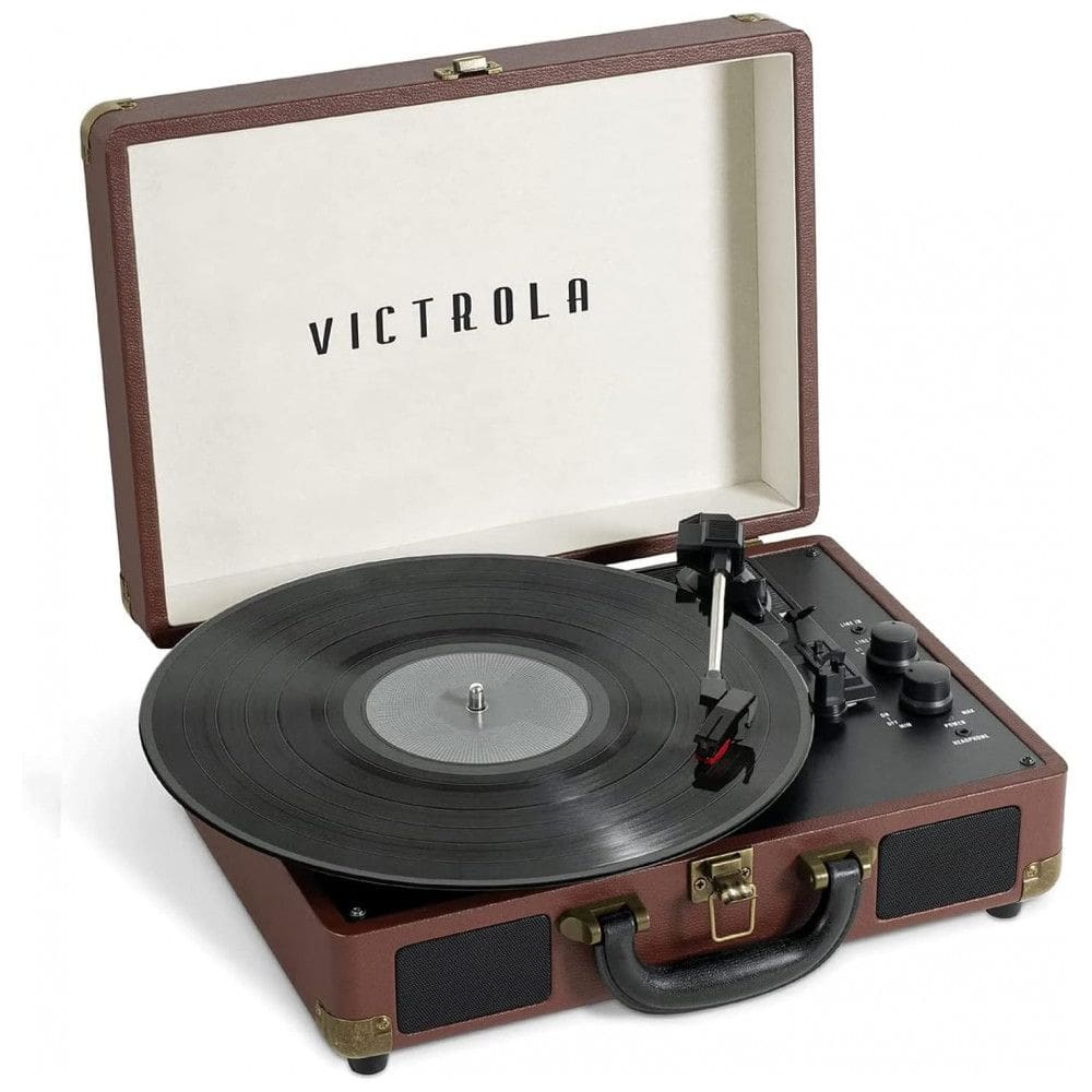 Toca Discos Portátil Vintage com Bluetooth, 3 Velocidades e Alto-falantes Embutidos, Victrola, Marrom