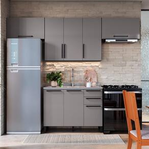 Cozinha Modulada Compacta Fidelitá Mônaco 4 Peças 280cm 8 Portas 2 Gavetas Sem Tampo Cinza/Titânio