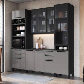 Cozinha Modulada Compacta Fidelitá Mônaco 4 Peças 240cm 10 Portas 4 Gavetas Com Tampo Cinza/Titânio