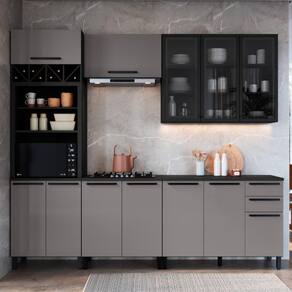 Cozinha Modulada Completa Fidelitá Mônaco 5 Peças 270cm 12 Portas 2 Gavetas Com Tampo Cinza/Titânio