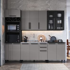 Cozinha Modulada Completa Fidelitá Mônaco 5 Peças 270cm 13 Portas 2 Gavetas Sem Tampo Cinza/Titânio