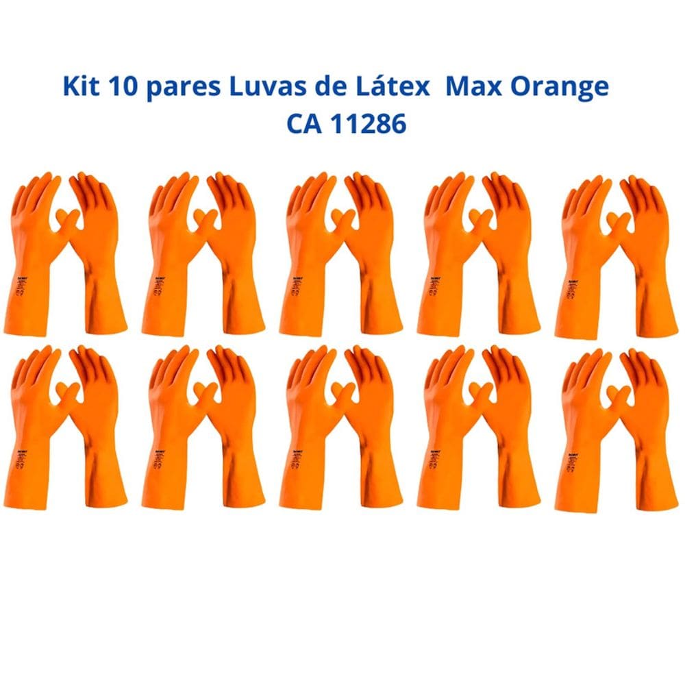Kit 10 Luvas Látex Laranja Reforçada Forrada Max Orange DA208 Danny CA 11286
