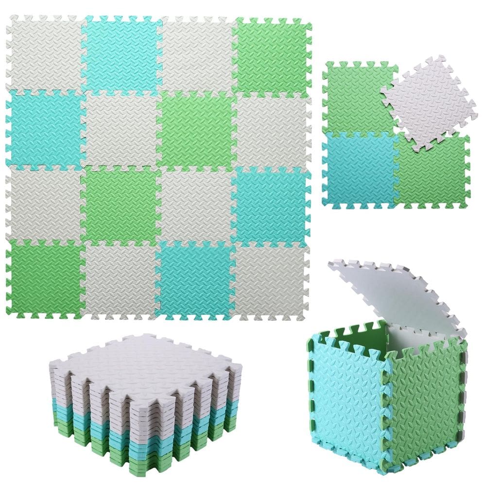 Tapete de jogo de espuma Tamiplay para bebês de 1 cm de espessura, 16 ladrilhos branco/verde