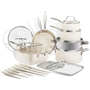 Conjunto de Panelas e Frigideiras Antiaderentes de Cerâmica não Tóxica 20 Peças com Acessórios, Gotham Steel, Creme Branco