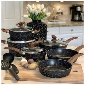 Conjunto de Panelas e Frigideiras de indução Antiaderentes de Granito, 12 Peças , KITCHEN ACADEMY, Preto