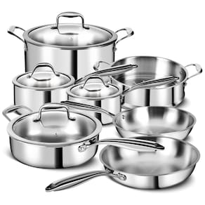 Jogo de Panelas em Aço Inoxidável de 3 Camadas com 11 Peças, Tampa, Panelas e Frigideiras - Jogo de Cozinha EWFEN